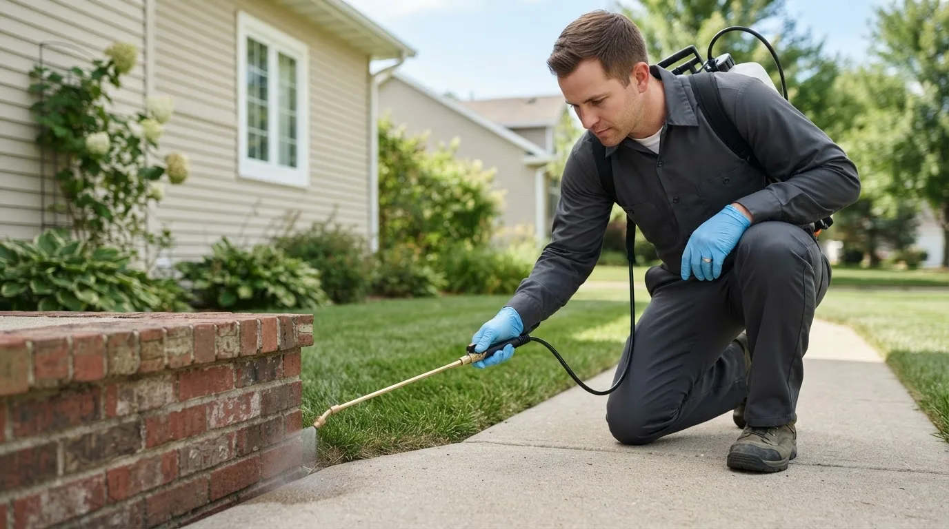 Pest control technician treating a home near Munford, AL